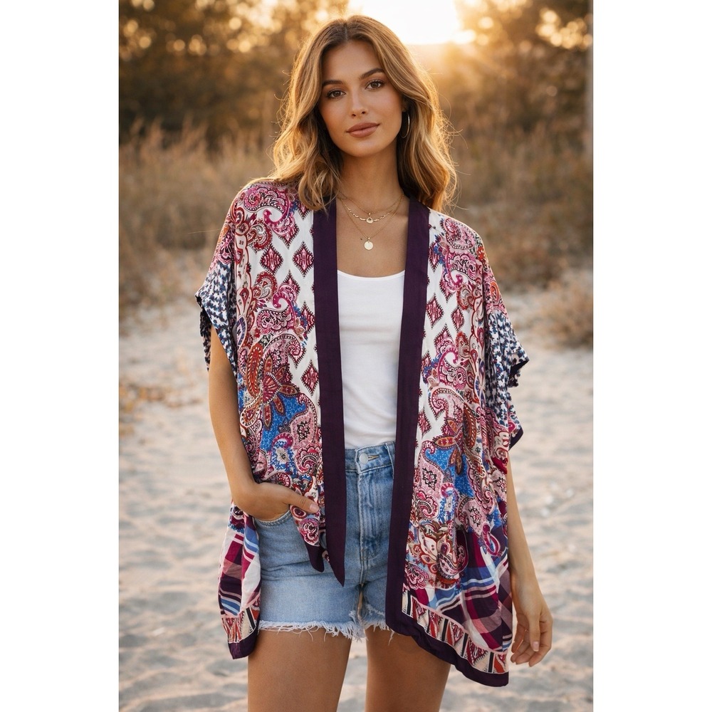 Chicos Kimono Abstract Floral Paisley Print Ruana Open Front Wrap Sz S M